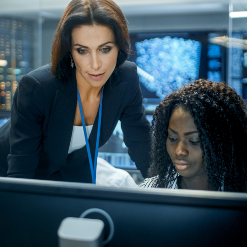 IT professionals looking at computer screen