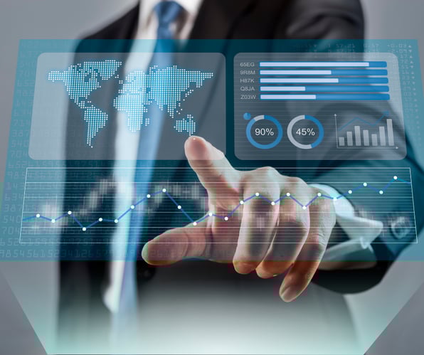 Person touching software dashboard with maps, graphics and charts
